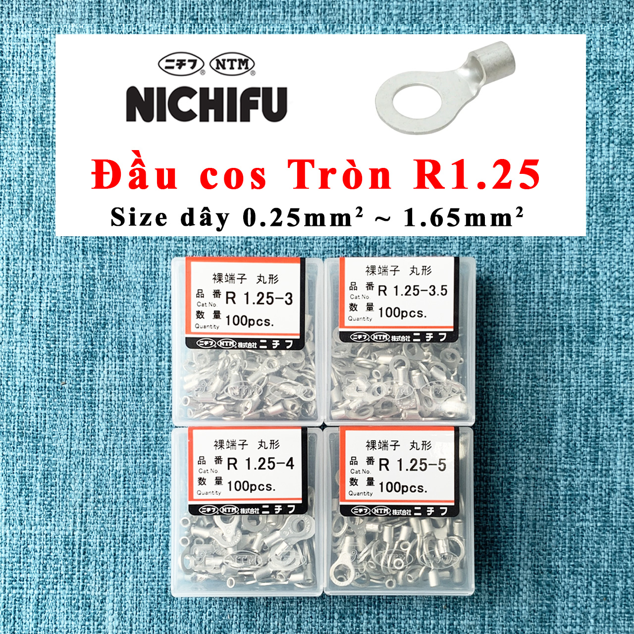 Đầu cos cosse cốt Nichifu Nhật Bản loại tròn R1.25 cho dây 0.25~1.65mm2 R1.25-3 R1.25-3.5 R1.25-4 R1.25-5