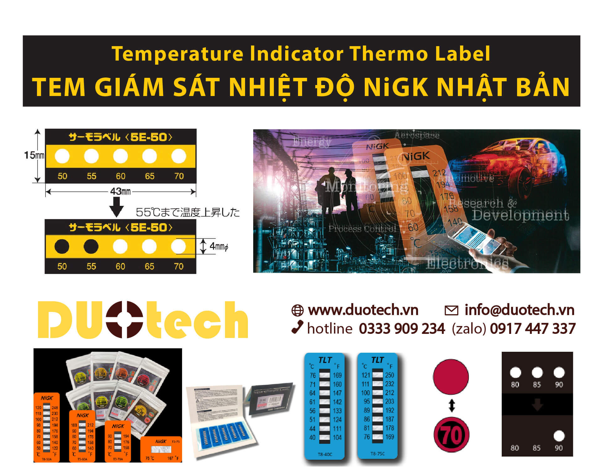 Tem nhãn đo cảnh báo giám sát nhiệt độ cao NiGK Thermo Temperature Indicator Label