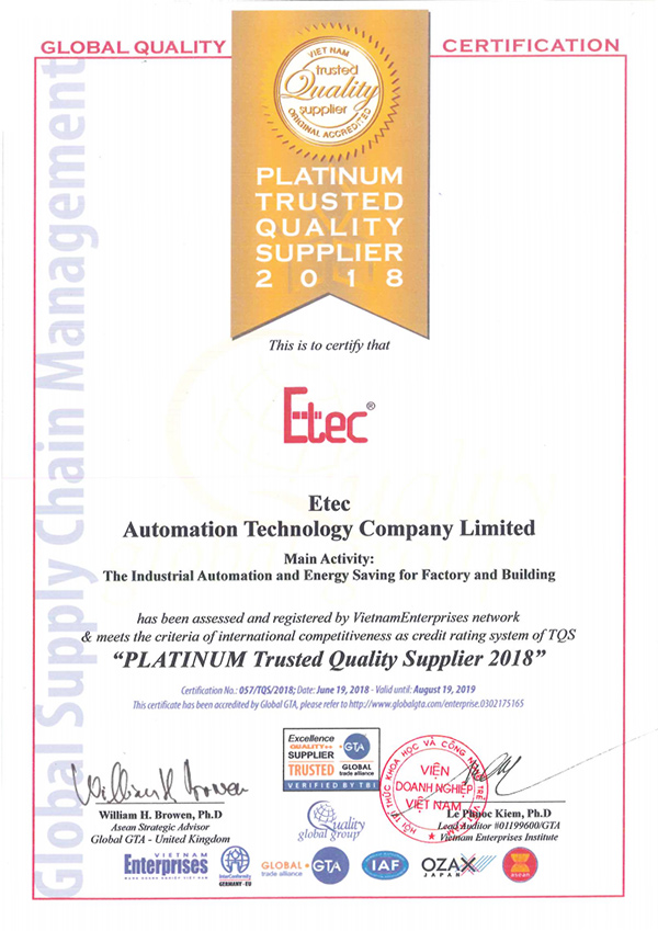 ETEC đạt chứng nhận “Nhà cung cấp chất lượng Bạch Kim năm 2018”